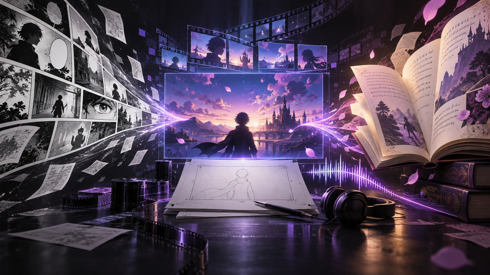 Mangá, storyboard e light novel convergem para uma cena de anime em tons roxos