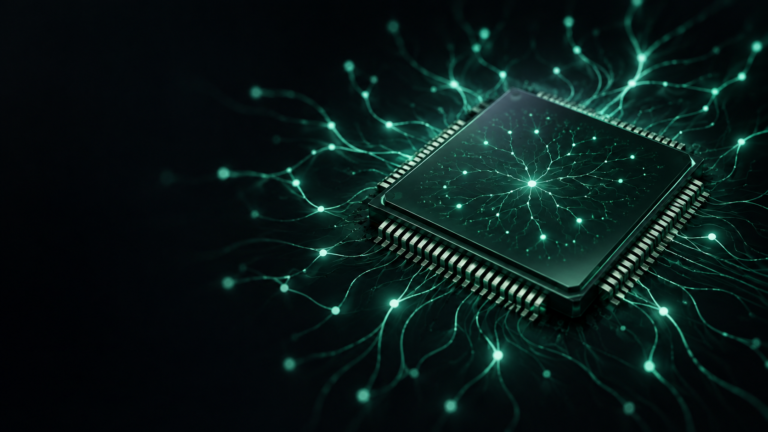 Ilustração de um microchip genérico escuro com linhas verdes luminosas e pontos que representam sinais de uma rede neuromórfica