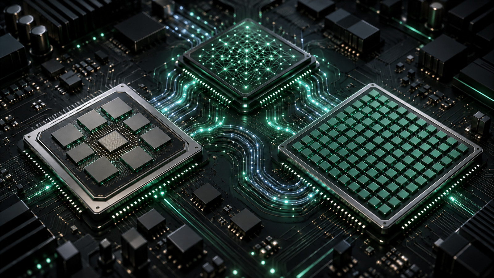 Três chips genéricos com padrões distintos ligados por circuitos verdes numa placa-mãe escura