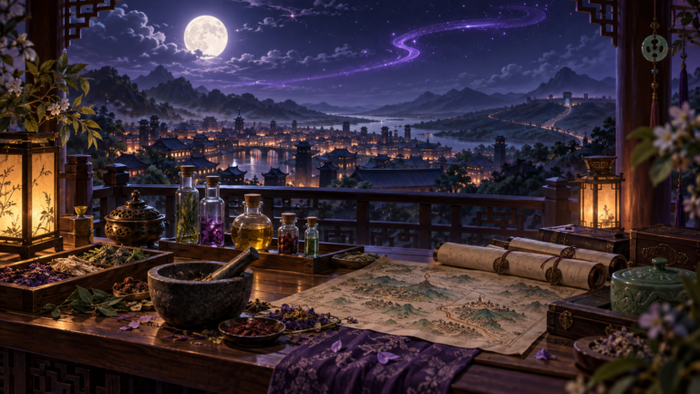 Mesa de boticário com ervas, frascos e mapa diante de uma cidade palaciana iluminada pela lua