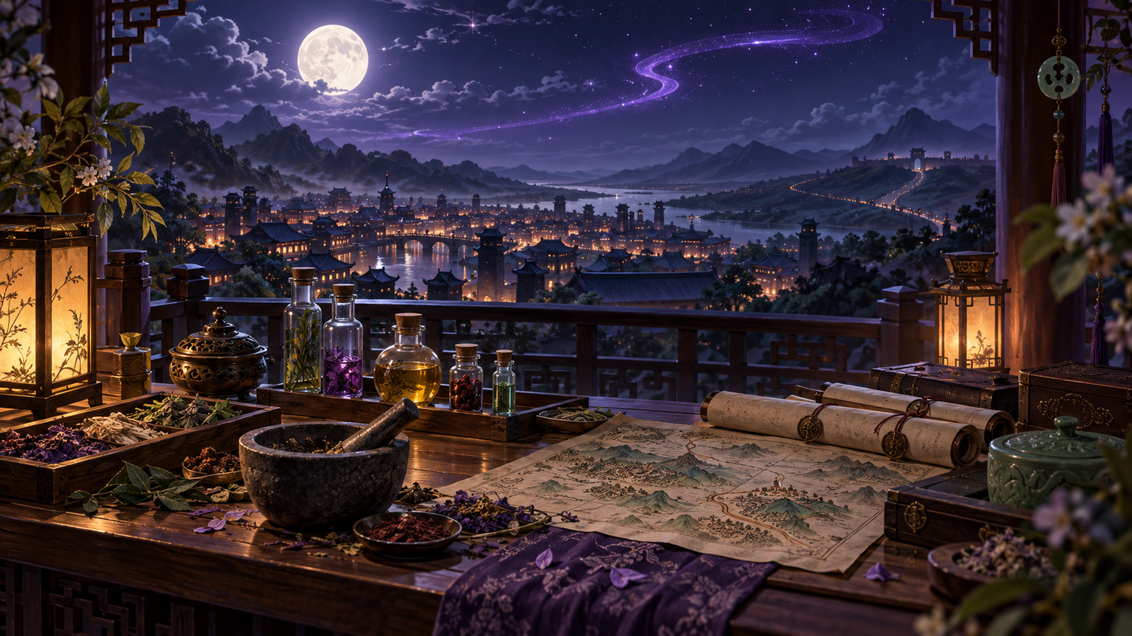 Mesa de boticário com ervas, frascos e mapa diante de uma cidade palaciana iluminada pela lua