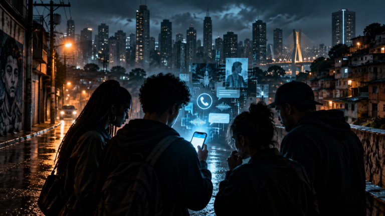 Jovens observam um telemóvel com sinais digitais numa paisagem urbana noturna