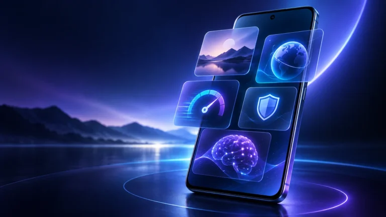 Celular em fundo azul e violeta representando as novidades do iOS 27