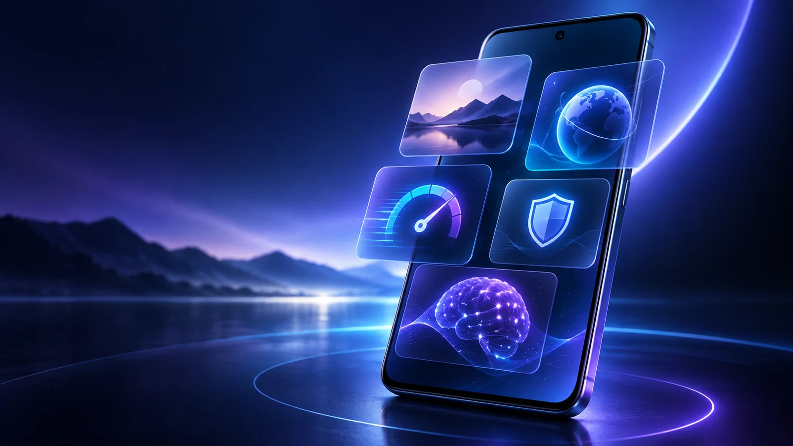 Celular em fundo azul e violeta representando as novidades do iOS 27