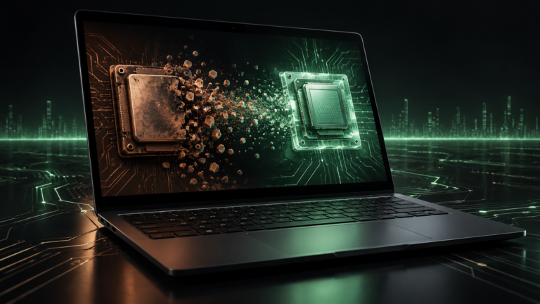 Notebook genérico mostra um processador antigo a dissolver-se e um novo chip verde iluminado
