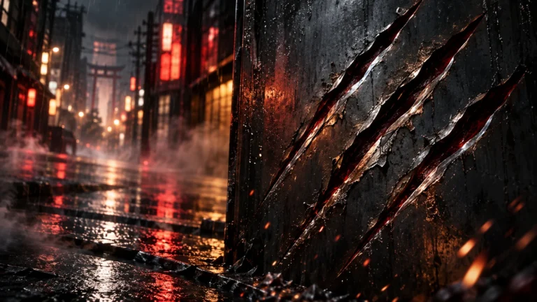 Três marcas de garras metálicas em uma rua noturna representando Marvel’s Wolverine