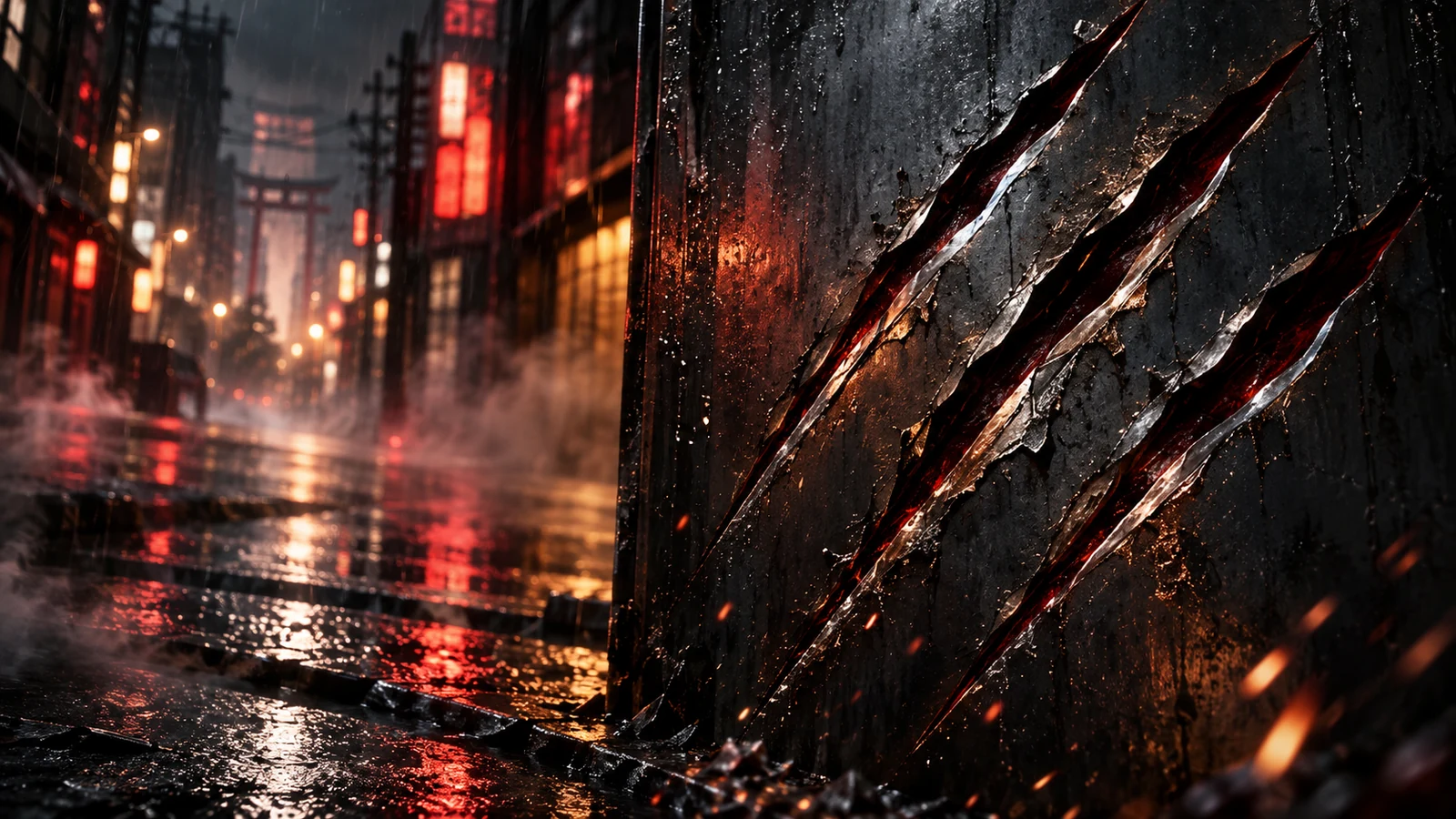 Três marcas de garras metálicas em uma rua noturna representando Marvel’s Wolverine