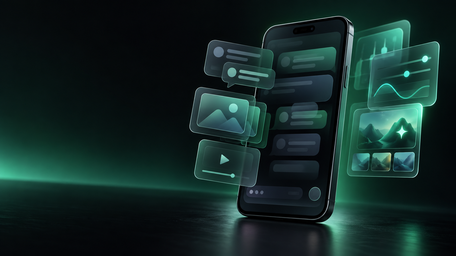 Telemóvel genérico num cenário digital escuro com cartões abstratos de mensagens, edição de imagens e criação de vídeos em tons verdes