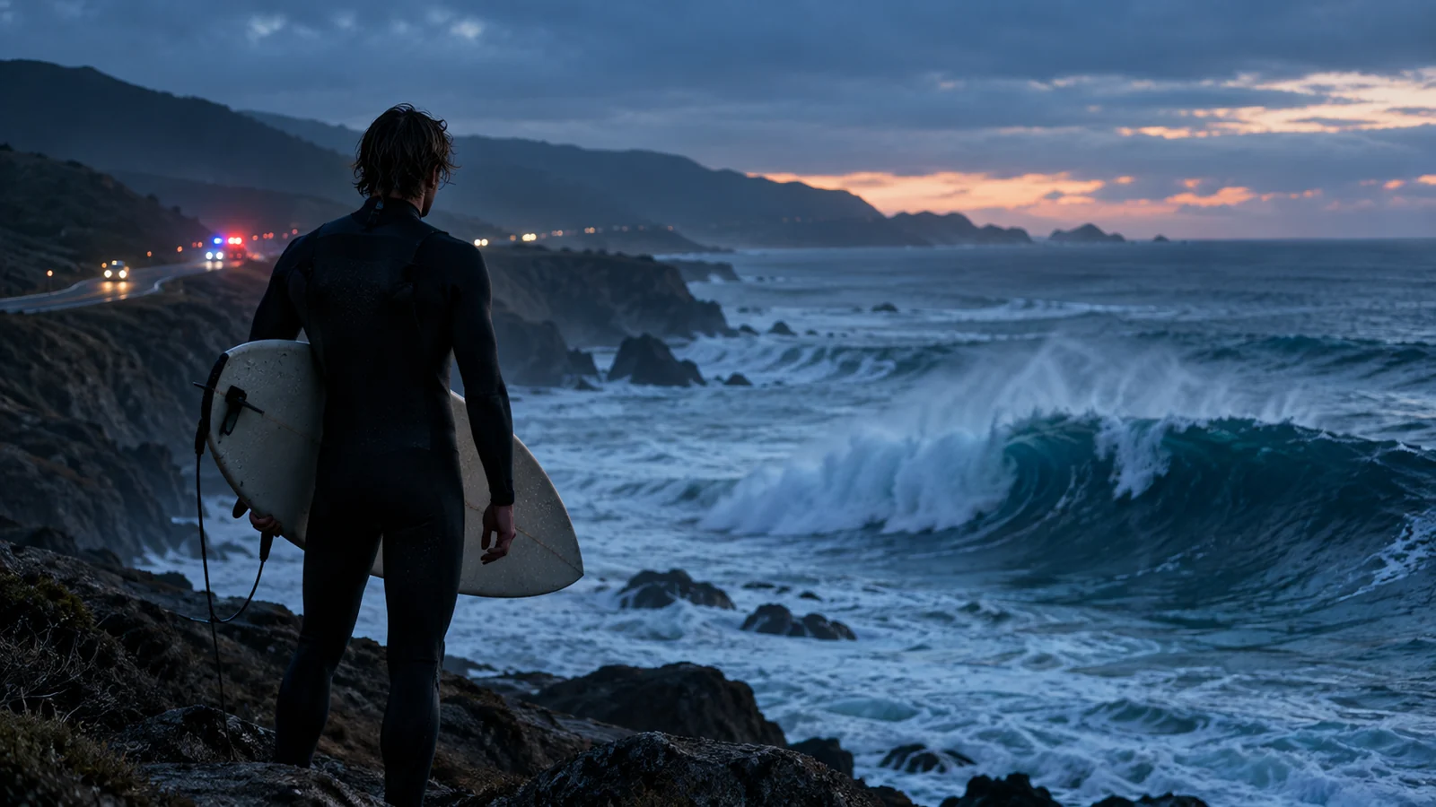 Surfista diante do mar ao entardecer com luzes policiais distantes na estrada costeira