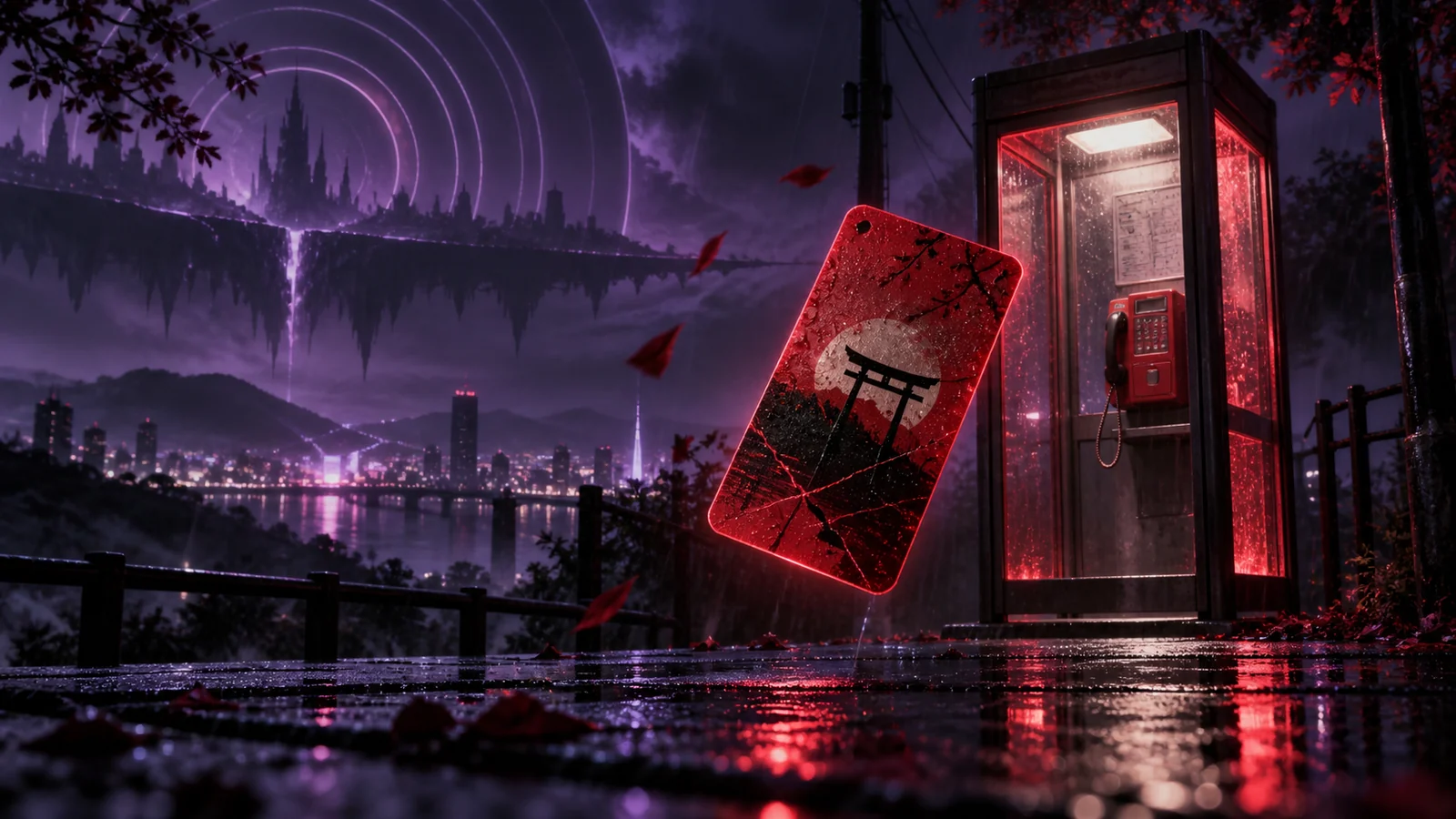 Cartão telefônico vermelho diante de uma cabine iluminada em uma cidade noturna de atmosfera sobrenatural