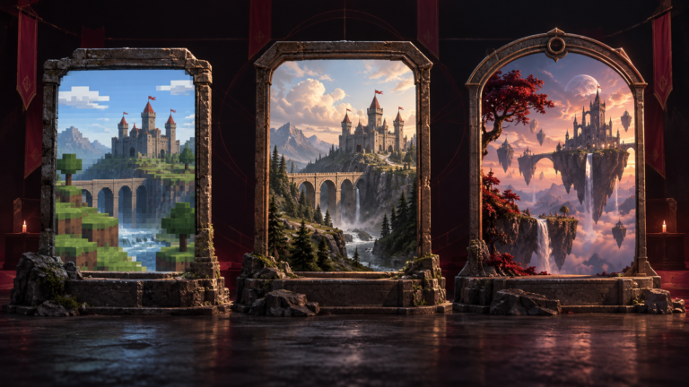 Três portais mostram a evolução de um cenário fictício de jogo: versão em blocos, reconstrução realista e nova interpretação fantástica