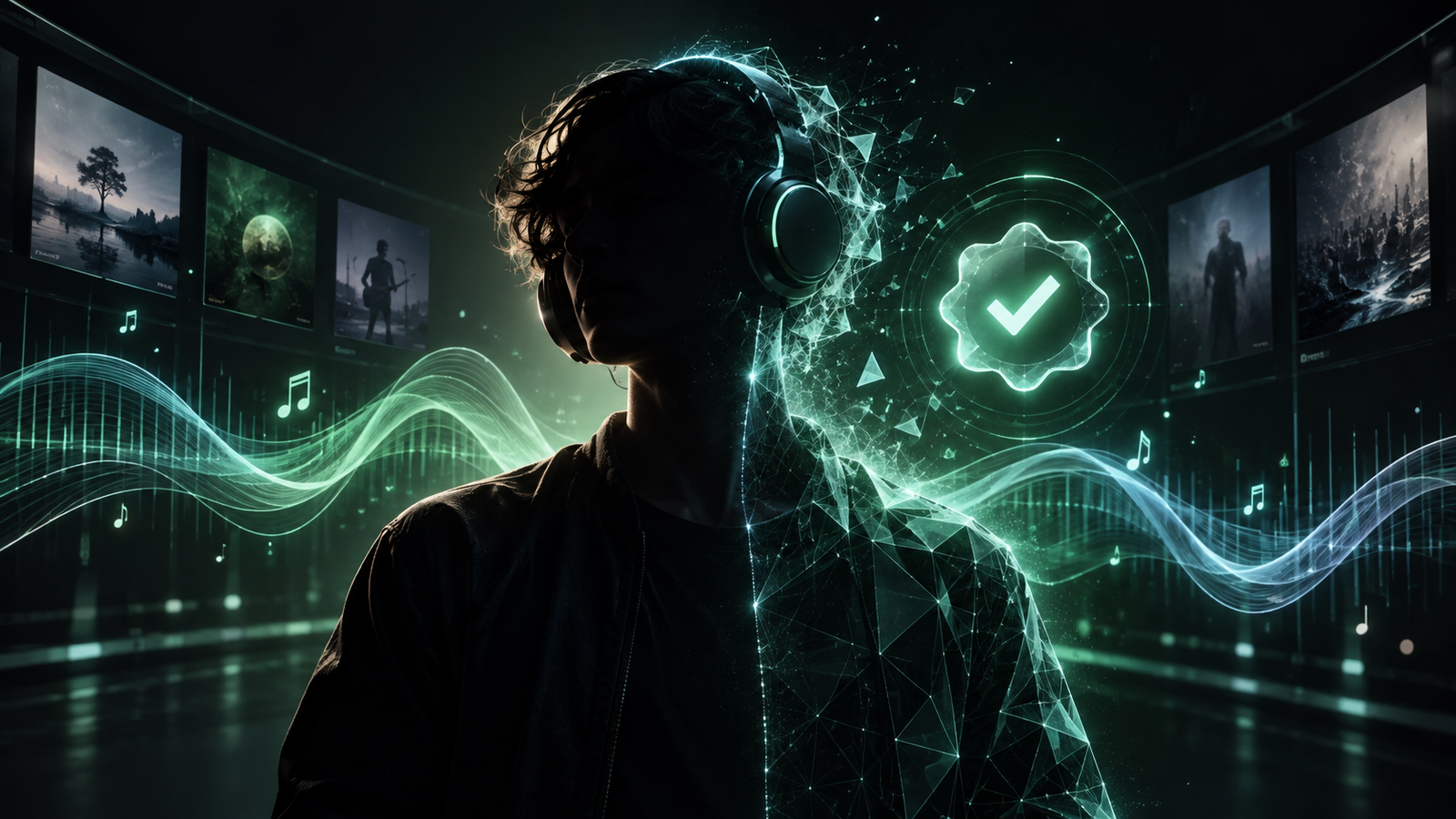 Silhueta de músico com metade do corpo transformada em identidade digital e selo abstrato de verificação