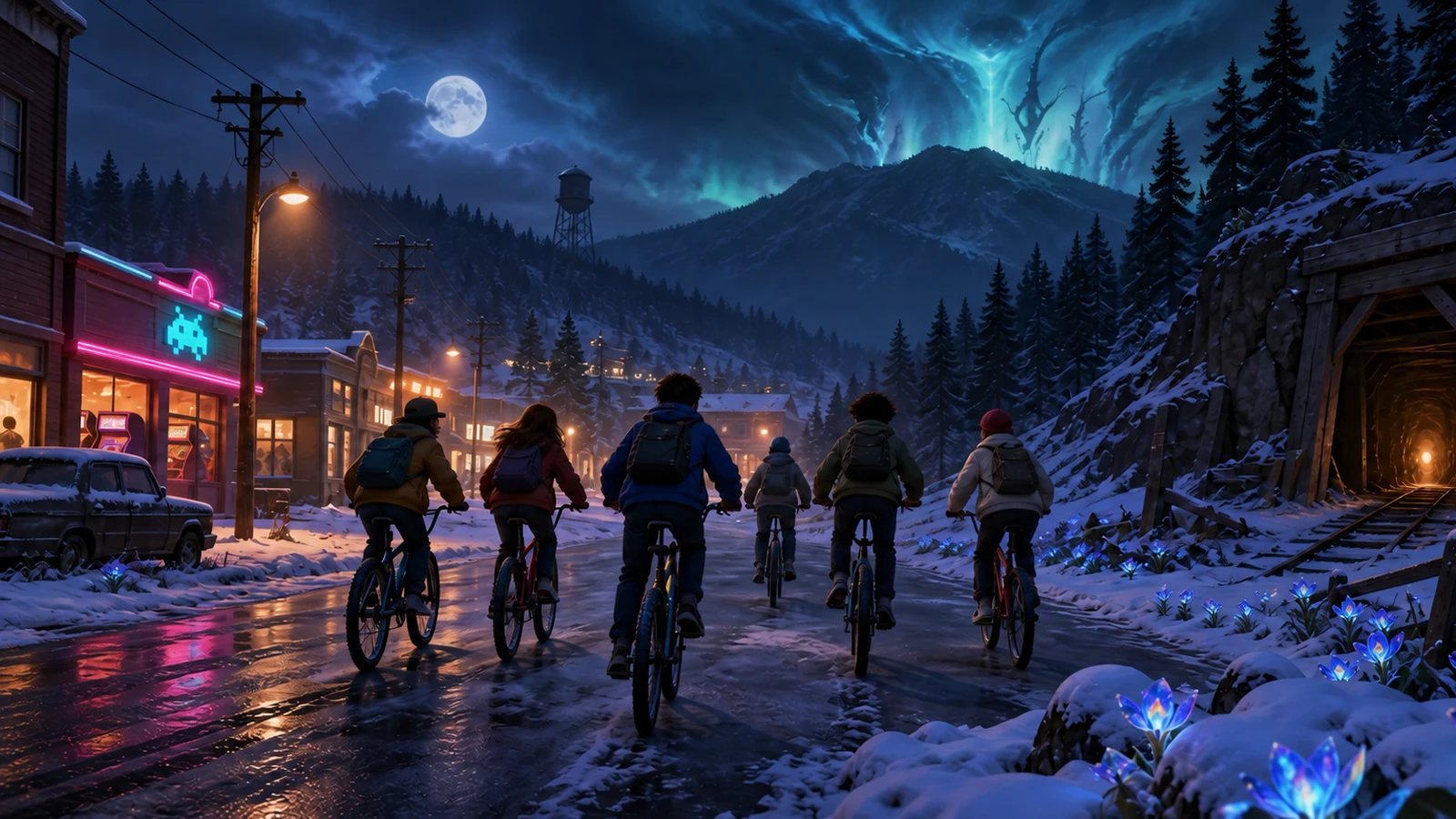 Jovens ciclistas diante de luzes sobrenaturais em uma estrada nevada de uma pequena cidade nos anos 1980