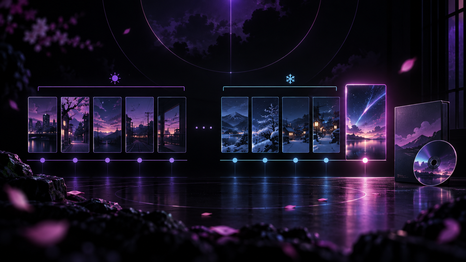 Linha do tempo abstrata com dois blocos de episódios, um especial destacado e um disco junto de um livro