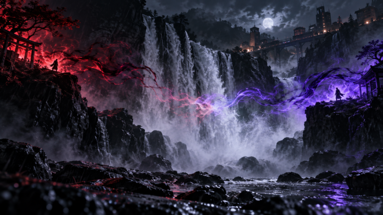 Duas figuras anónimas confrontam-se diante de uma grande cascata iluminada por energias vermelha e roxa