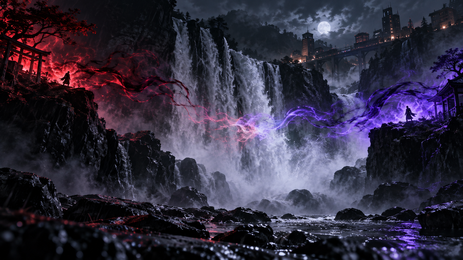Duas figuras anónimas confrontam-se diante de uma grande cascata iluminada por energias vermelha e roxa